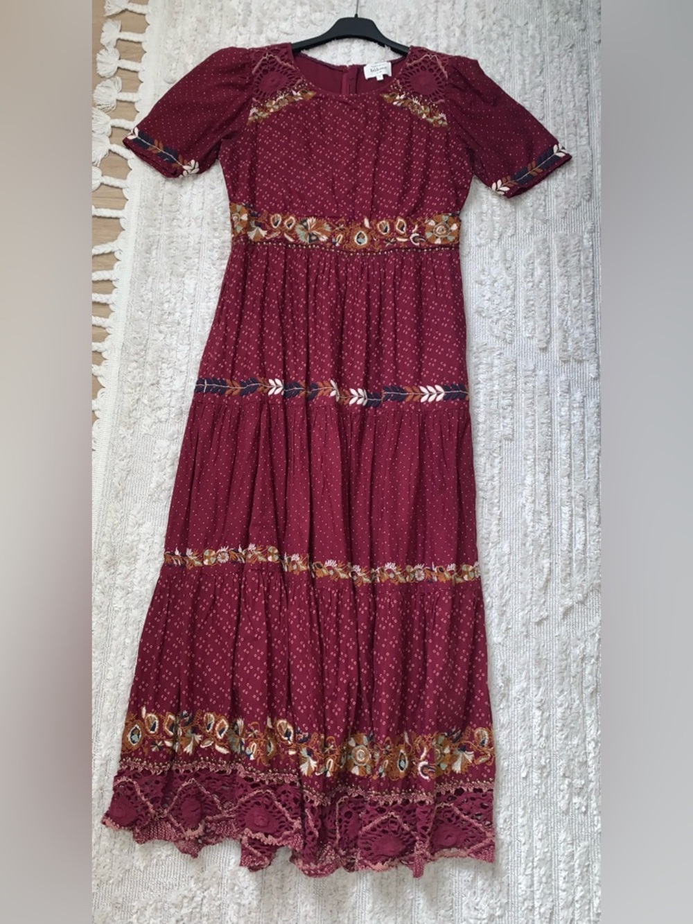Bohme Embroidered Tiered Maxi Dress in Burgundy 100% Cotton